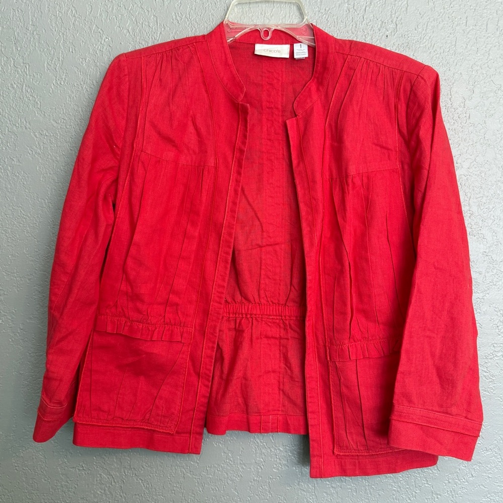 Chico’s Red Linen Blend Open Front Jacket Size 1 (M/L) Lightweight Layer